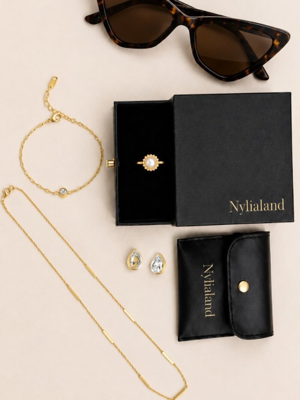 Nylialand Accessory Bundle Gold Jewelry & Cat Eye Sunnies